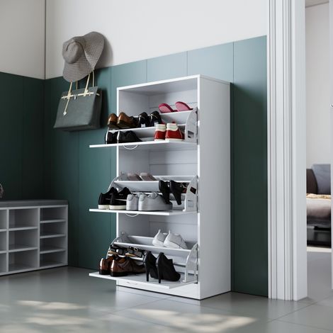 SONNI Schuhschrank Schmal Schuhkipper Weiß 3 Fächer Schuhregal Schuhkommode Regal Kommode 63x30x120cm