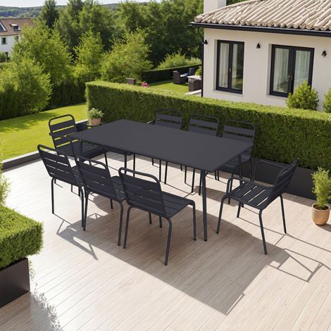 Ensemble table 180 + 6 chaises + 2 fauteuils en métal gris - BACA