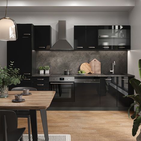 Mueble de cocina R-Line, Negro/antracita de alto brillo, 300 cm , ET Roble, Vicco