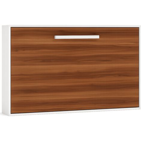 Lit escamotable horizontal OPTIMA Blanc Sans matelas-90x190-Cadre Blanc-Façade Noyer (1/5)