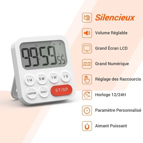 Timer da cucina, cronometro digitale e timer per il conto alla rovescia con modalità personalizzabile, 3 livelli di volume per esami, riunioni, silenzioso - 2 batterie AAA - Bianco (1/4)