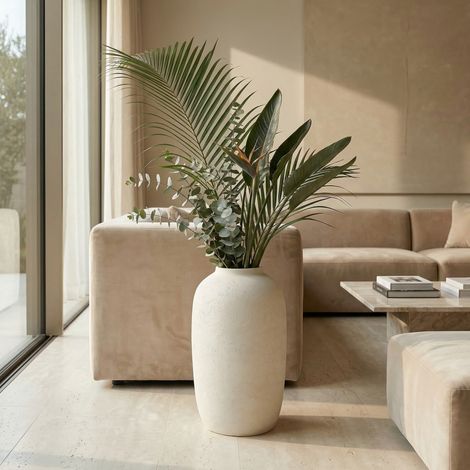 Grand pot rond blanc 30x51cm en MgO fait main, imperméable, usage intérieur et extérieur