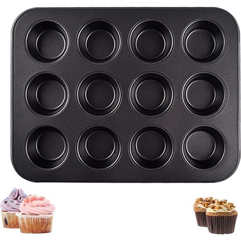 Moule à muffins, moules à cupcakes, anti-adhésifs, en acier au carbone, pour petits muffins, mini muffins, pour cupcakes, brownies, noir, 24,6 x 18,5 x 2 cm (noir 1) (1/5)