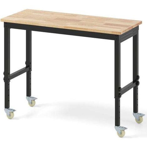 Établi roulant naturel à hauteur réglable avec cadre métallique, plateau en bois massif et roulettes verrouillables pour atelier (1/5)