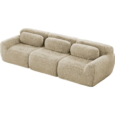 Sofá modular de 3 plazas en tejido efecto peluche, sin montaje, con cojines, topo claro (1/5)