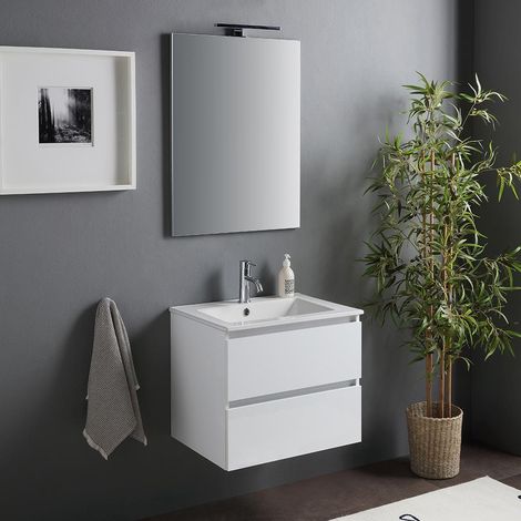 Mueble De Baño Suspendido Con Lavabo De 60Cm Y Cajones Blanco Brillante  Benaco (1/5)