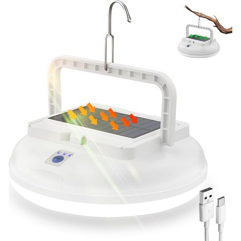 Lampe de camping solaire pour tente, lanterne de camping rechargeable avec 3 modes, 4500LM, lampe de tente suspendue étanche IPX4, 126 LED, lampe d'extérieur pour le camping, la randonnée, les pannes