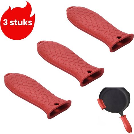 Ensemble de 3 pièces - Protège-poignées en silicone isolant et antidérapant pour poêles - Protection anti-brûlure - Protège-poignée en silicone - Rouge (1/5)