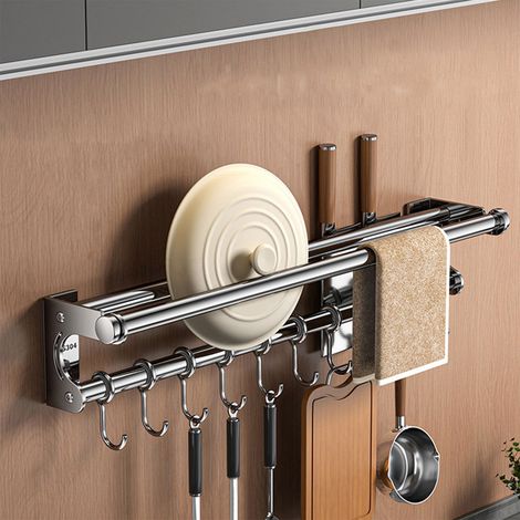 Porte-serviettes - Porte-objets Murale en Acier Inoxydable 304 - Pour Salle de Bain Douche Chambre - 40 x 9 x 9 cm - 8 Crochets - Sans Perçage ou Avec Vis - 1 Pièce (1/5)