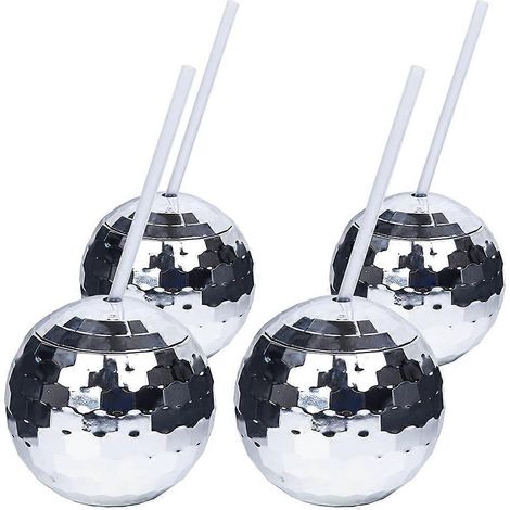 Lot de 4 verres à cocktail uniques à boule disco, accessoires de bar, verres de fête, paille et verres à vin argentés (1/5)