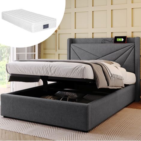Polsterbett Baumwoll-Leinen Grau 90x200 cm mit Stauraum, USB/Typ-C, Lattenrost und Matratze (1/5)