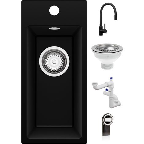 PRIMAGRAN Evier Cuisine en Granit 23x50cm,Lavabo 1 Bac + Robinet 38x14cm + Kit de Vidage, Évier à Encastrer au Meuble 25cm - Riga, Noir (1/5)