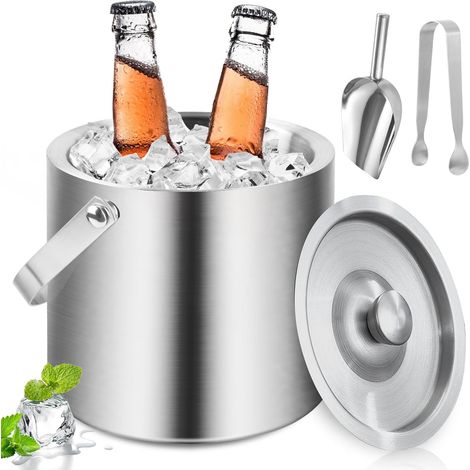 Seau à glaçons Isotherme 3L, Seau a glacon Isotherme en Acier Inoxydable Double paroi, Seau à Champagne avec Pince et Pelle, Seau glacon pour Bar fête Maison (1/5)