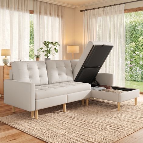 Canapé d'angle L 212 x 130 x 86 cm réversible avec rangement, tissu non tissé, usage quotidien - beige (1/5)