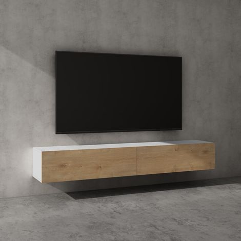 doporro Mueble de TV para Salón de 200 cm en Blanco Mate y núcleo de roble Mesa TV, con Puerta Abatible hacia Abajo, Mueble de TV flotante, Estante TV 02
