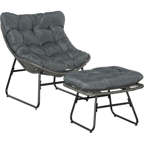 Fauteuil de relaxation en rotin gris avec repose-pieds et coussins épais, chaise confortable pour jardin, balcon et terrasse extérieure (1/5)