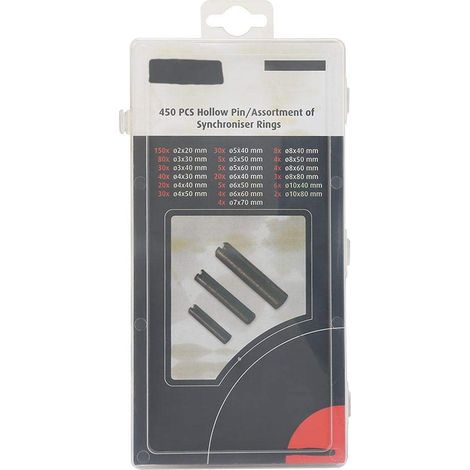 Kit assortimento di 450 pezzi di perni cavi a molla in acciaio spaccato con rullo di tensione.