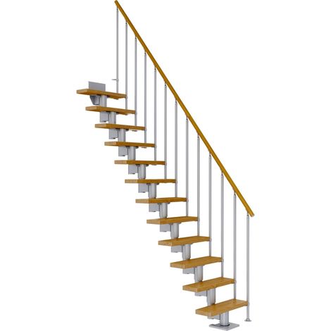Dolle Mittelholmtreppe Dublin Gerade aus Eiche lackiert 61 cm breit für GH 259–315 cm UK Metall Perlgrau mit Einzelstabgeländer