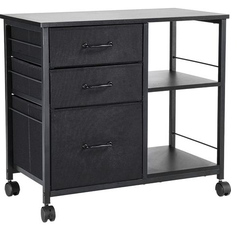 Meuble de rangement à fichiers métallique, 3 tiroirs en tissu et 2 étagères ouvertes, sur roulettes, pour formats A4, lettre et legal, assemblage facile, noir. (1/5)