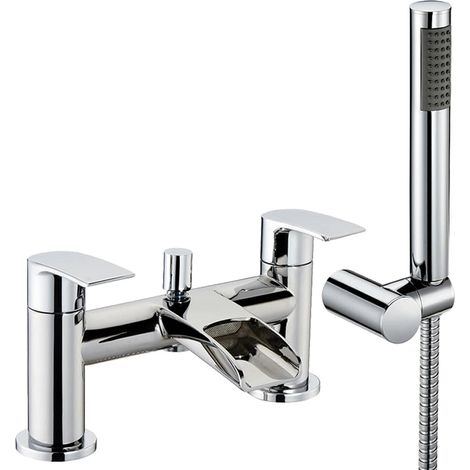 Modern Bathroom Waterfall Spout Deck Mounted Bath Shower Mixer Tap and Kit - Chrome