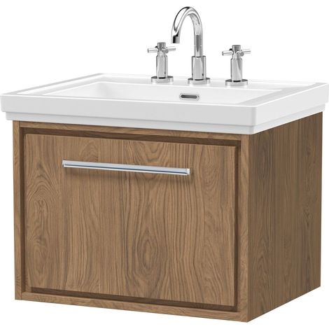 Longnor 1 Drawer Wall Hung Vanity Unit with 3 Tap Hole Traditional Fireclay Basin, Antique Oak, 600mm (1/4)