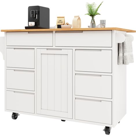 Îlot cuisine blanc moderne, 8 tiroirs, roulettes, étagère épices, plan travail, chariot service, cuisine salon, rangement optimal (1/5)