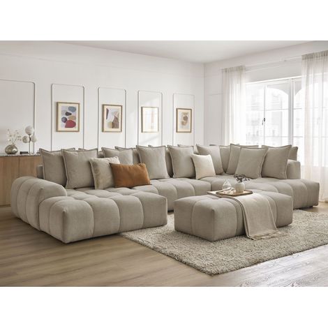 Bobochic – Canapé panoramique convertible coffre EVEREST – Tissu chiné – Longueur 423cm – Largeur 212cm – Couleur taupe – Pour 5 personnes (1/5)