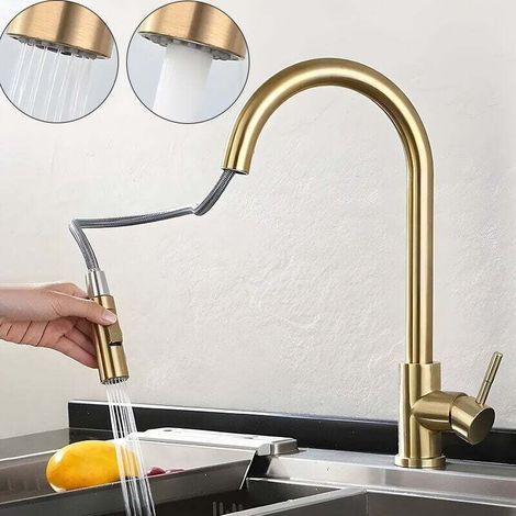Robinet de cuisine doré avec douchette extractible, mitigeur de cuisine moderne en acier inoxydable à poignée unique, finition or brossé. (1/3)