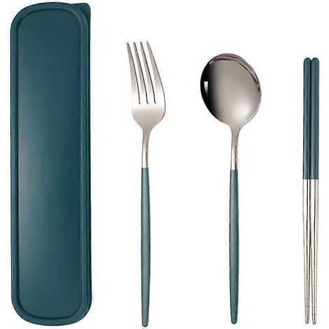 Ensemble de 2 couverts de voyage en acier inoxydable pour le camping : fourchette, cuillère et baguettes, avec boîte de rangement portable. (1/5)