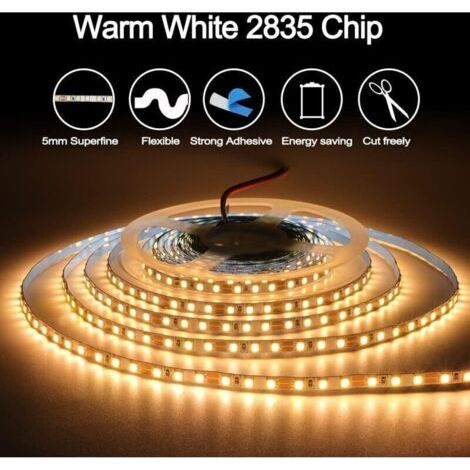 QORVA-Bande LED 12V, 1cm de large, Bande LED 3000K 5M Blanc Chaud 2835 IP65 120 LEDs/M, Total 600LEDs Bande Lumineuse LED pourChambre, Décoration de Cuisine (1/3)
