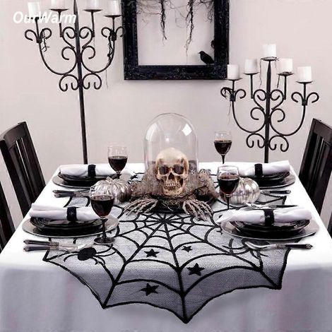 Nappe décorative en dentelle noire en forme de toile d'araignée pour fête d'Halloween, 102 x 102 cm (1/3)