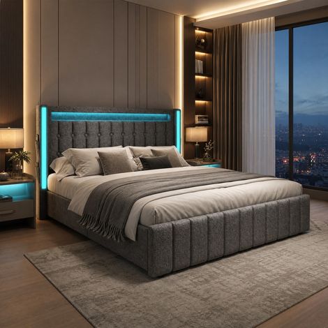 Lit avec tiroirs 160x200 USB LED lin gris HAVRYA (1/5)