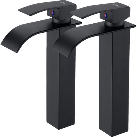 Auralum 2PCS Robinet Lavabo Cascade Noir Bec Haut Moderne Mitigeur Robinet Salle Bain pour Vasque à Poser Robinetterie Convient pour le Lavabo au-dessus du Comptoir