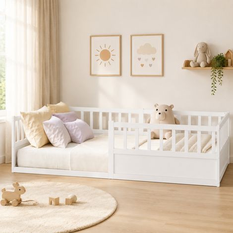 Cama infantil Montessori de pino macizo blanca 140x200 cm con 3 barandillas de seguridad y somier de láminas