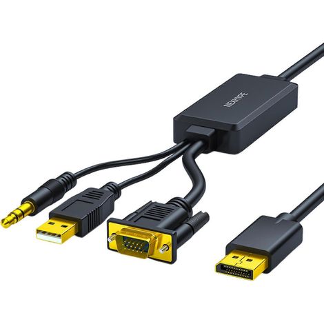 Câble adaptateur VGA vers DisplayPort prenant en charge la transmission du son et une résolution 1080p pour la connexion d'un PC portable à un moniteur TV (1/4)