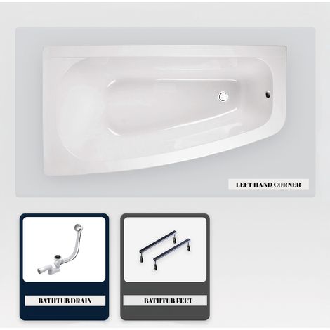 Asymmetrische Badewanne - 150 x 80 cm - Links - ohne Verkleidung - mit Füßen - Ablaufgarnitur Chrom - LUNA (1/5)