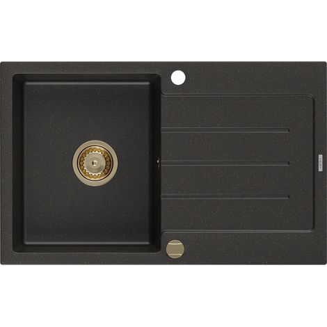 Mexen Bruno lavello in granito 1 vasca con gocciolatoio 795 x 495 mm, nero/oro metallizzato, sifone oro - 6513791010-75-G (1/5)