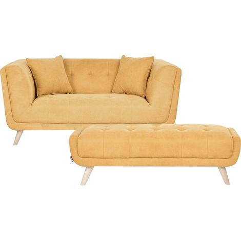 Sofa with Ottoman Mustard Fabric Upholstery 2 Seater Loveseat with Scatter Cushions Wooden Legs Retro Living Room Settee HABO (1/5)