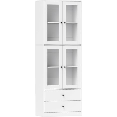 Buffet haut cuisine blanc brillant 59x30x170cm, armoire vitrée avec tiroirs et étagères ajustables, meuble de rangement (1/5)
