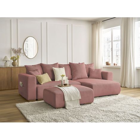 BOBOCHIC - Canapé d'angle convertible réversible coffre SIDONIE velours côtelé avec pouf   Rose (1/5)