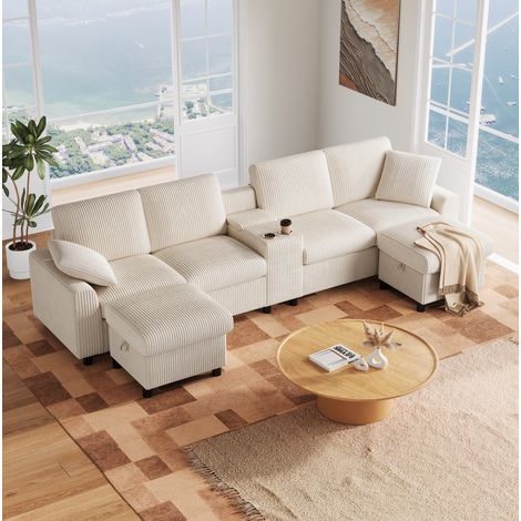 Divano angolare a U 315x135x81 cm in velluto a coste beige con contenitori FloraGrace (1/5)