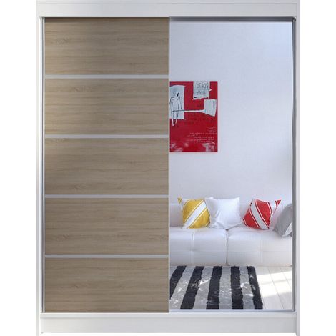 Armario Closico 143, Blanco + Roble Sonoma, 200x150x58cm, Puertas de armario: Correderas, Número de estantes: 5 (1/4)