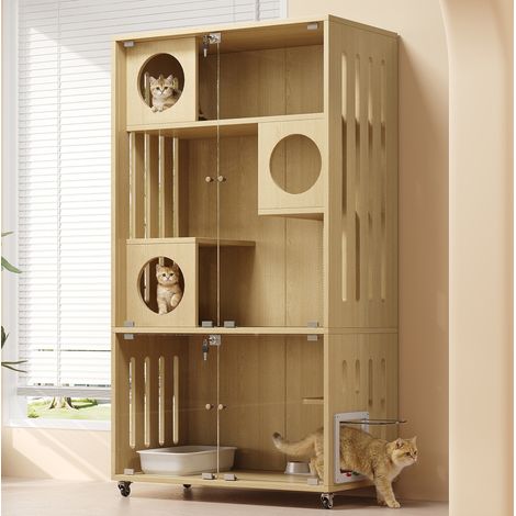 Gabbia mobile per gatti e cincillà in MDF e vetro 90x50x166 cm naturale OKWISH (1/5)