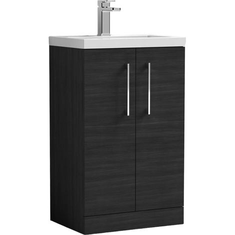Nuie Arno Compact Floor Standing 2-Door Vanity Unit with Polymarble Basin 500mm Wide - Charcoal Black Woodgrain (1/5)