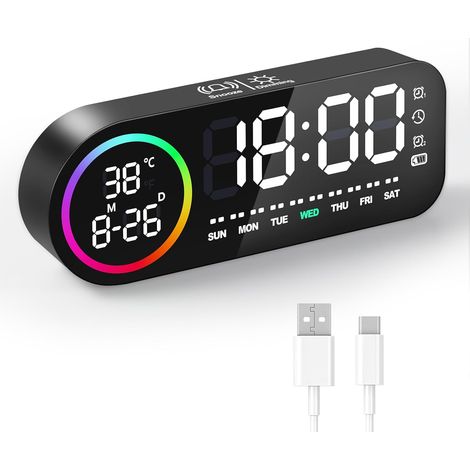 Digitaler Wecker mit großem LED-Display – Digitaler Wecker mit Wochentagsanzeige, Touchscreen, Doppelalarm (Schlummerfunktion, 5-stufige Dimmfunktion) – Schwarz