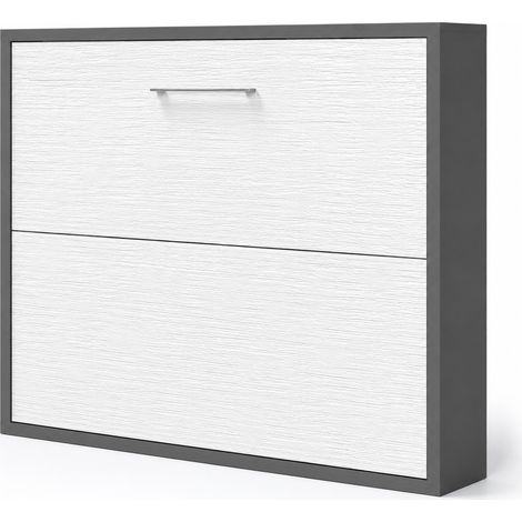 Lit escamotable horizontal KLIKA - Sommier à lattes - Poignée acier brossé 54cm Sans matelas Blanc-150x200-Cadre Blanc-Façade Anthracite (1/5)