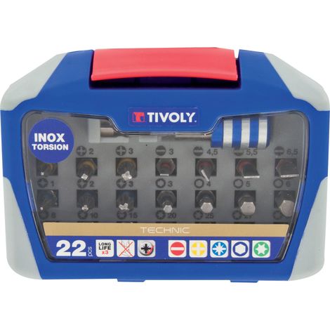 Tivoly • Coffret d'Embouts de Vissage Inox Torsion 22 pièces • 21 Embouts de Vissage + 1 Porte-Embout Magnétique Quick Change • Attache Hexagonale Ø6,35mm