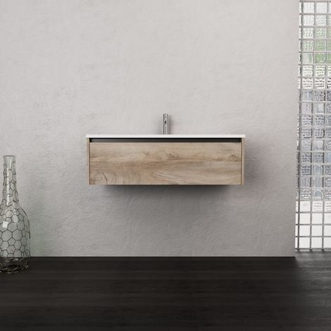 Inda - Badezimmerschrank 1 Schublade B.100 mit mattiertem Waschbecken / Natureiche - Smeraldo