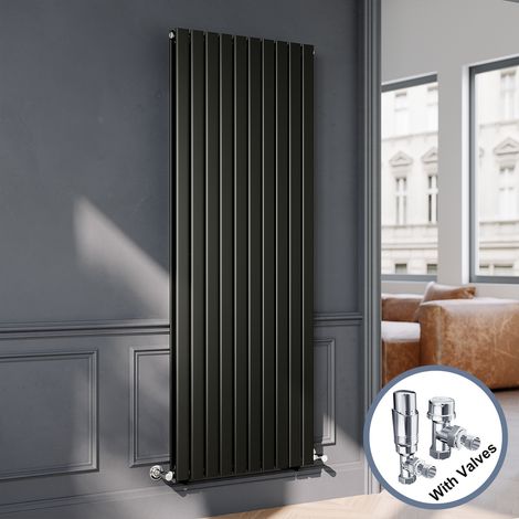 ELEGANT Black Flat Panel Central Heating Radiator with Chrome Angled Thermostatic Radiator Valves 1800 x 680mm Vertical Double Panel Rads (1/5)