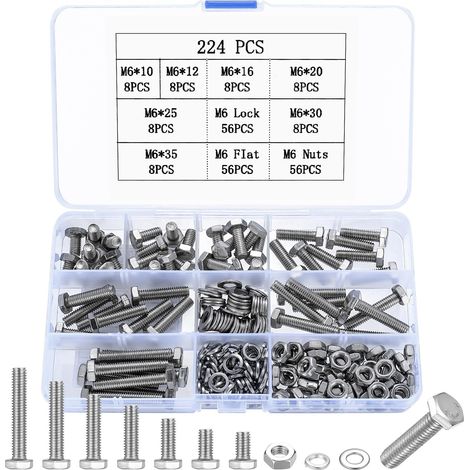 224 Pcs Vis et écrous Set, M6 Vis Boulon et écrous et Rondelles Kit, Boulons Vis à Tête Hexagonale, Assortiment Vis Boulons Hexagonaux en Acier Inoxydable pour Réparation de Vélo Moto Mécaniques (1/5)